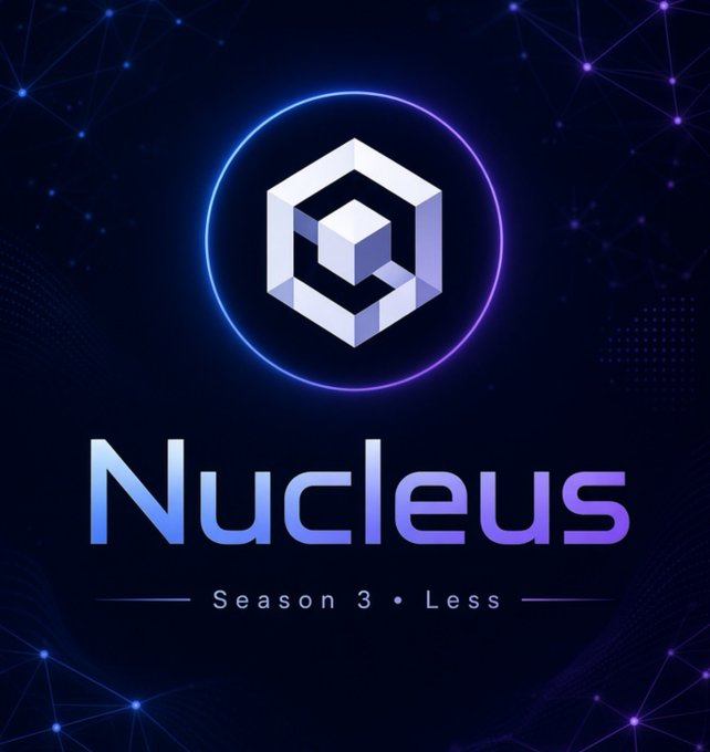 Promotional graphic for 'Nucleus - Season 3 • Less' featuring a 3D cube logo inside a glowing purple and blue ring on a dark background with network-style design elements.