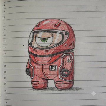 A hand-drawn illustration on lined notebook paper depicts a cartoonish F1 race car driver wearing a red helmet with "F1" and "R" logos and a single visible green eye.