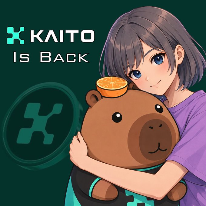 Anime-style illustration promoting 'KAITO IS BACK', featuring a short-haired character hugging a brown bear plush toy with an orange slice on its head.