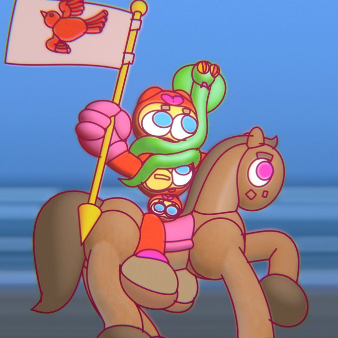 A cartoon character rides a brown horse while holding a flag with a red bird emblem, with a green snake-like creature wrapped around them.