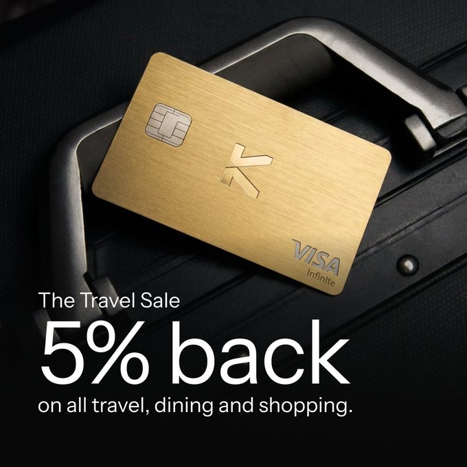 A promotional image for a Visa Infinite gold card advertising 'The Travel Sale' with 5% back on travel, dining, and shopping.
