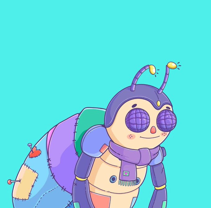 A cute illustrated bug character with large purple sunglasses, antennae, and a colorful patched shell, matching the post's "alpha alert" theme about the @unvault NFT project.