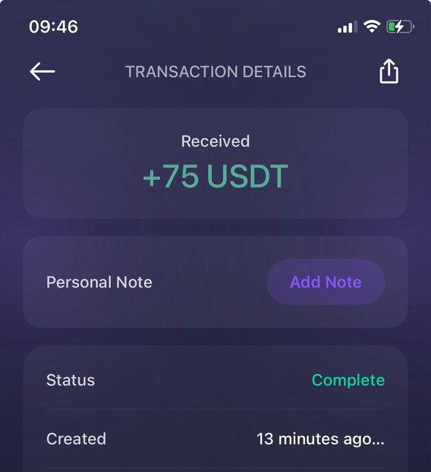 A mobile screenshot of a cryptocurrency transaction details page showing a received payment of "+75 USDT" marked as "Complete" 13 minutes ago. The user confirms receiving their prize, displaying the successful transfer of the USDT amount.