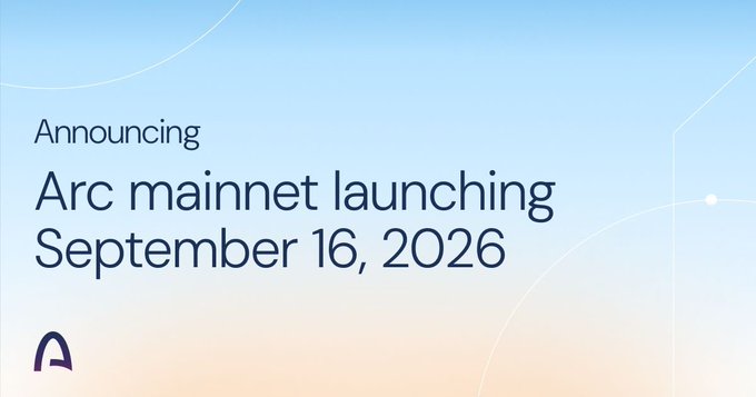 An announcement graphic with a light blue and peach gradient background announces the launch of "Arc mainnet launching September 16, 2026," featuring the Arc logo in the bottom left corner. The image relates to the post by highlighting Arc's upcoming mainnet, the context in which the mentioned launchpad projects will be operating.