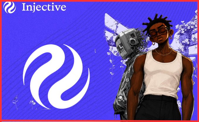 A graphic for 'Injective' featuring a stylized white logo on a blue background, alongside an illustration of a Black man with a mechanical/robotic arm wearing a white tank top.