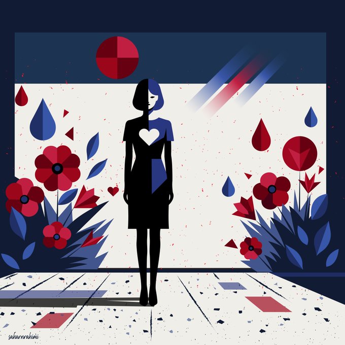 An illustration depicts a stylized female figure with half-blue, half-black hair and a heart on her dress, surrounded by geometric red and blue flowers.