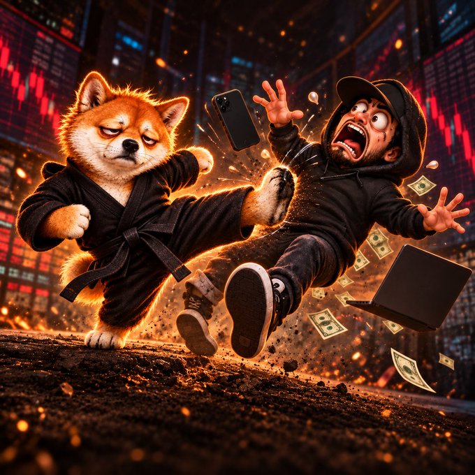 A stylized digital illustration shows a Shiba Inu in a black martial arts uniform kicking a screaming man in a hoodie, with money and a phone flying around.