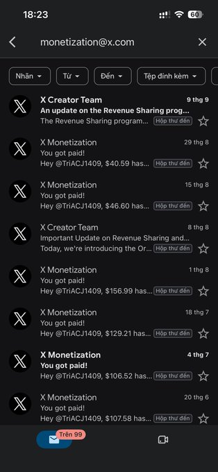 Mobile email inbox screenshot showing multiple notifications from 'X Monetization' and 'X Creator Team' addressed to @TriACJ1409, including various payment confirmations ranging from $29 to $156.99.
