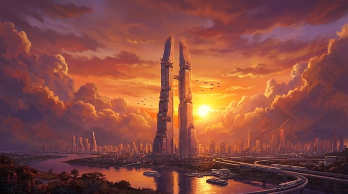 A digital artwork depicting a futuristic cityscape at sunset with towering skyscrapers, dramatic orange clouds, and a river with boats in the foreground.