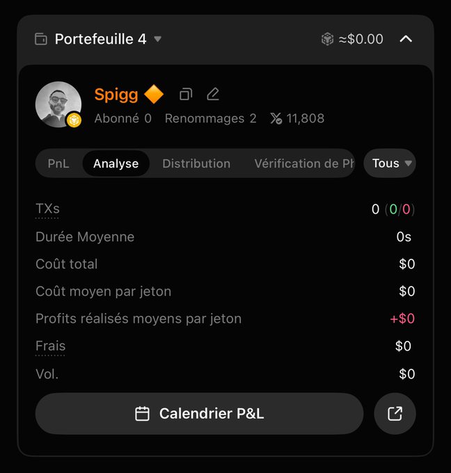 A screenshot of a cryptocurrency portfolio analysis panel labeled "Portefeuille 4" showing the user "Spigg" with 11,808 balance, displaying zero transactions, zero costs, and a 0s average holding duration across the PnL, Distribution, and other tabs. The empty analytics tie into the post's theme of caution, as the wallet shows no active trading positions despite the user's bullish sentiment about finding real "alpha" tokens on BNB Chain.