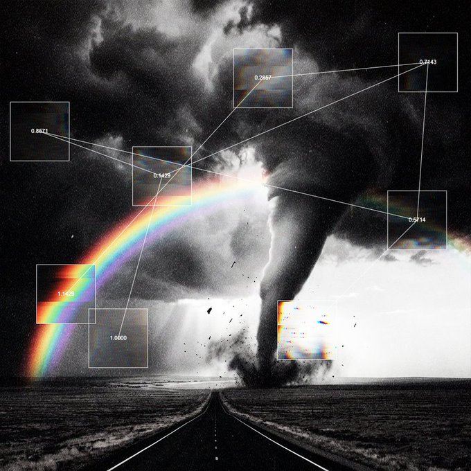 A black-and-white image of a tornado over a road with a rainbow, overlaid with numbered bounding boxes (0.5671, 0.2697, 0.7443, 0.4429, 0.5714, 1.1165, 1.0000) connecting various regions, possibly indicating object detection or analysis annotations.