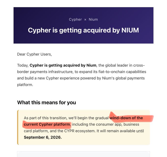 The image shows an official announcement from Cypher with a dark purple header reading "Cypher × Nium" and "Cypher is getting acquired by NIUM," with a highlighted section indicating the gradual wind-down of the current Cypher platform, including the consumer app, business card platform, and CYPR ecosystem, which will remain available until September 6, 2026.