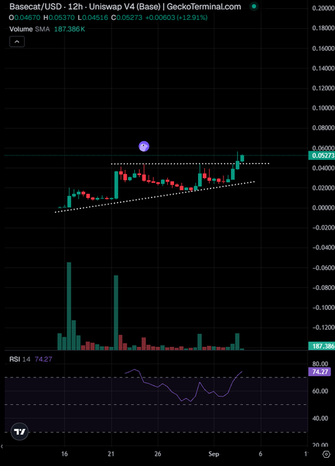 A TradingView 12-hour chart for $BASECAT/USD on GeckoTerminal shows the token trading at $0.04670 (+12.91%), with price breaking out of a tightening ascending triangle pattern (dotted white trendlines) near resistance at $0.05273, supported by strong volume spikes and an RSI at 74.27 indicating bullish momentum that aligns with the "blue skies ahead" optimism for $basecat.