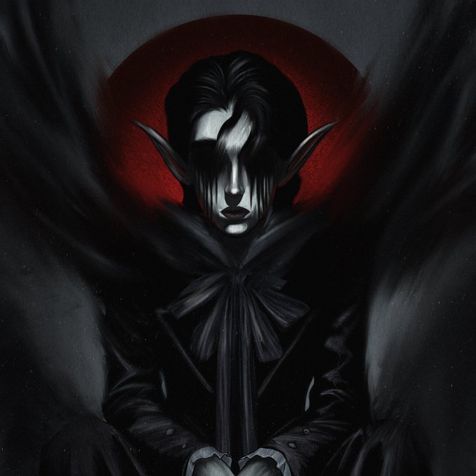 The image features a black and white illustration of an elf with long hair, wearing a cape or a jacket that has red accents. The elf appears to be sitting down, possibly in a chair or a throne-like position. The background of the image is dark and somewhat blurry, which adds to the overall moody atmosphere of the piece. The post title reads "The latest piece in my Inktober collection MURKY 25 xtz objkt.com/tokens/KT1Akqz". This suggests that this artwork might be part of a series or collection dedicated to the theme of "MURKY" and is possibly related to the artist's work on the Inktober blog.