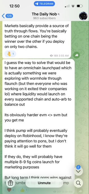 A Telegram screenshot from 'The Daily Nob' (963 subscribers) discussing multichain markets, omnichain launchpads with auto-arbitrage, and speculation about Pump.fun deploying on Robinhood.