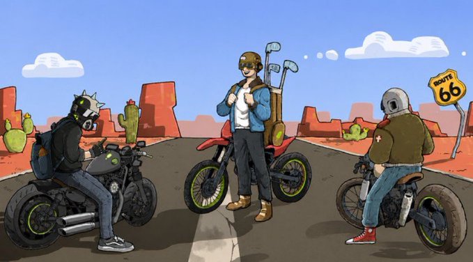 A stylized cartoon illustration shows three figures on motorcycles taking a break along a desert highway marked with a "ROUTE 66" sign, with red rock formations and cacti in the background. The image ties into the post's giveaway for a free mint from @LastLapRH, evoking a sense of road trip adventure and the thrill of the open road often associated with racing-themed NFT collections.