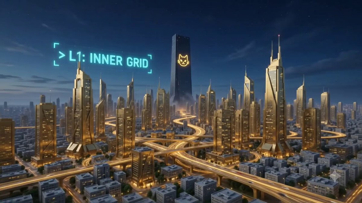 The image shows an aerial view of a city with tall buildings at night. The caption reads "L1-INNER GRID" above the city, which suggests that the image might be related to a video game or animation featuring an inner grid system within the city.