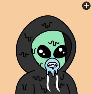 A cartoon illustration of a green-faced alien-like character with large black eyes wearing a dark hooded outfit and a pacifier, on a beige background.