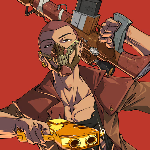An anime-style illustration of a masked, tattooed character wielding a large weapon over their shoulder and a gold handgun in their hands against a red background.