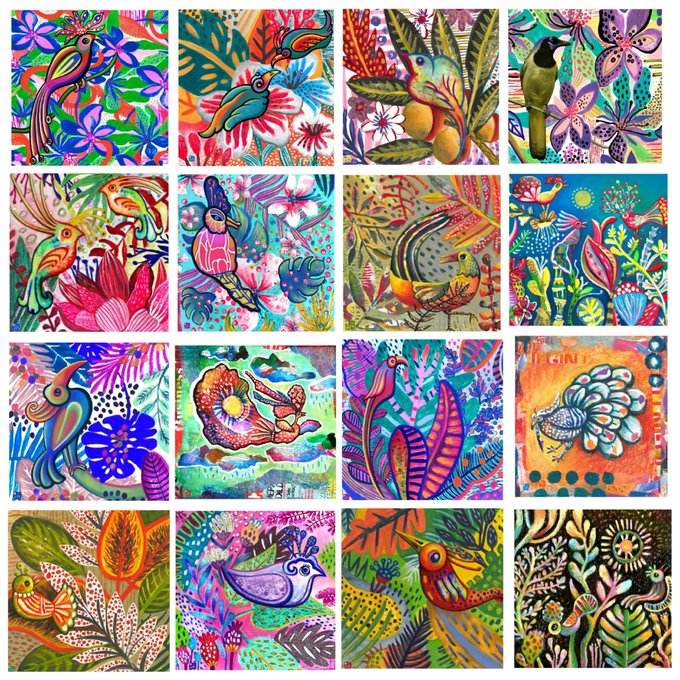 A 4x4 grid of colorful, vibrant illustrations depicting various tropical birds, flowers, and abstract patterns in a folk art style.