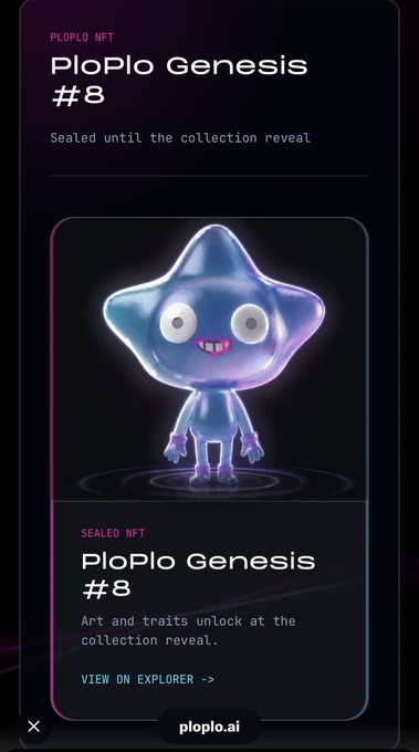 A dark digital display showing 'PLOPLO NFT' featuring 'PloPlo Genesis #8', a sealed NFT of a blue star-shaped character with the ploplo.ai branding.