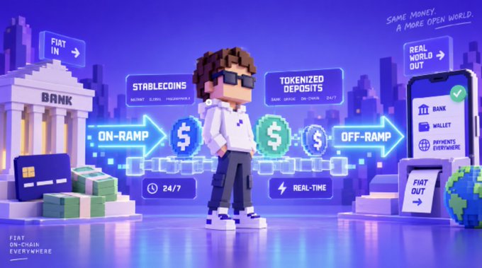 A 3D-rendered illustration of a character with sunglasses standing between a bank (Fiat In) and a smartphone (Real World Out), illustrating an on-ramp to off-ramp process for stablecoins and tokenized deposits with text 'Same Money. A More Open World.' and 'Fiat On-Chain Everywhere.'