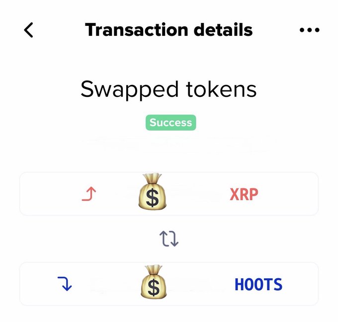 A mobile app screenshot showing a 'Transaction details' page with a 'Success' message for swapping 'XRP' tokens to 'HOOTS' tokens.