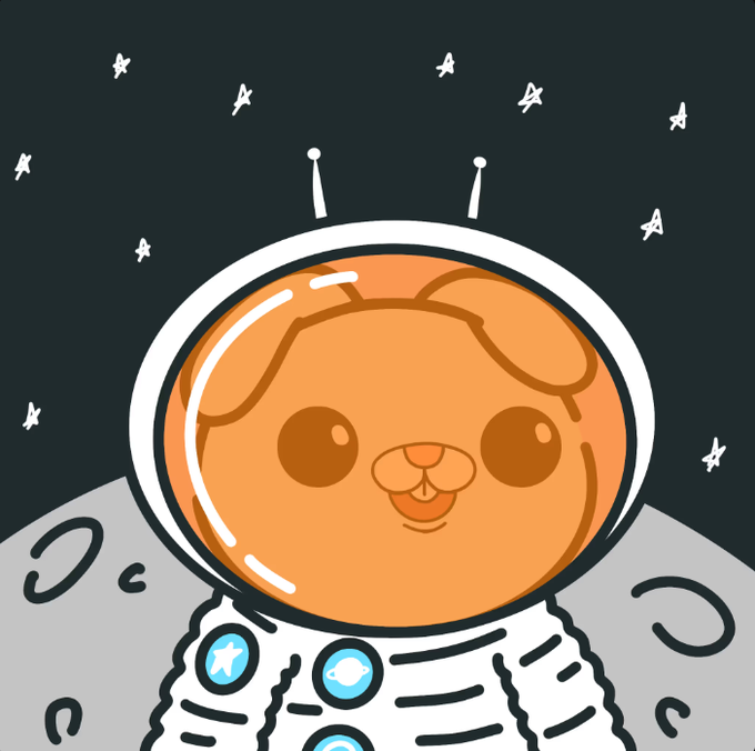 A digital illustration depicts a smiling dog character inside an orange astronaut helmet against a dark starry space background, with additional icons below.