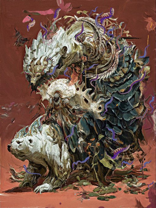The artwork features intricately designed mythical creatures adorned with skeletal armor, flowing tentacles, and ethereal feathers, embodying a dark, surreal fantasy aesthetic that aligns with Archan Nair's signature visionary art style.