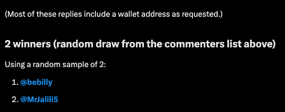 A black-background announcement showing the results of a random draw: '2 winners (random draw from the commenters list above)' listing '@bebilly' and '@MrJallil5' as the winners.