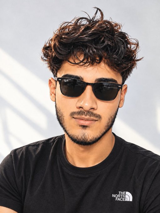 A young man with curly brown hair, a beard, and black sunglasses wears a black "The North Face" t-shirt against a white background.