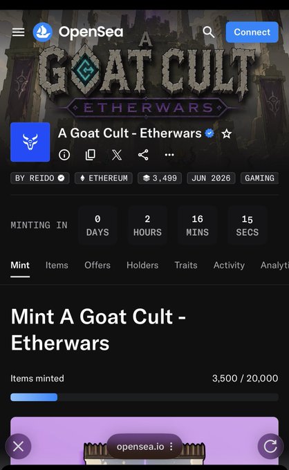 The image shows an OpenSea mint page for "A Goat Cult - Etherwars" NFT collection, featuring a countdown timer (0 days, 2 hours, 16 mins, 15 secs) and indicating 3,500 of 20,000 items minted at 0.349 ETH, with the collection set to launch in June 2026. The caption aligns with the post's commentary about conviction and holding ("H0ld"), highlighting the early-stage mint opportunity for this Ethereum-based gaming project as an investment bet on long-term value.