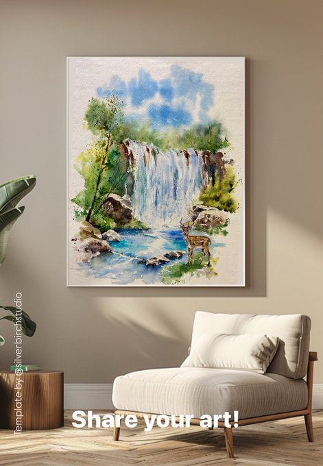 An interior mockup displays a framed watercolor painting of a waterfall and deer hanging on a beige wall above a white armchair, with the text 'Template by @silverbirchstudio' and 'Share your art!' visible.