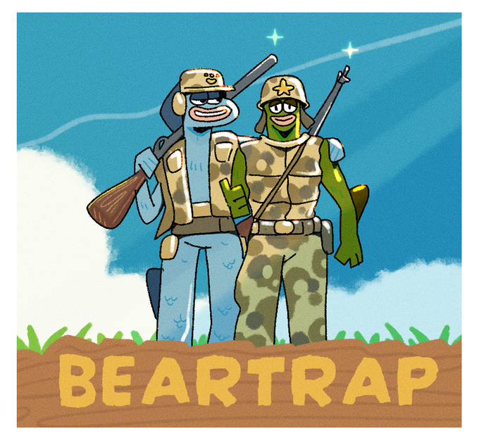 An illustration titled 'BEARTRAP' shows two anthropomorphic characters in military/camo gear holding rifles, one blue-skinned and one green-skinned with a star on their cap, standing on grass against a starry sky.