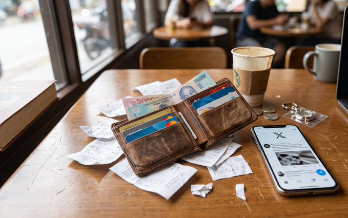 A wooden cafe table scattered with receipts, currency notes, and coins, featuring an open brown leather wallet, a tall latte coffee cup, and a smartphone displaying the X (Twitter) app.