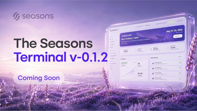 A promotional graphic for "The Seasons Terminal v-0.1.2" displays the platform's dashboard interface—showing a trip summary for "We're heading to Japan" (Aug 25-26, 2026) with a performance graph rising to $11.30 and net proceeds of $142.87—set against a serene lavender field backdrop with "Coming Soon" text, illustrating the post's announcement of upcoming feature-rich version releases for tracking Yield 3.0 earnings.