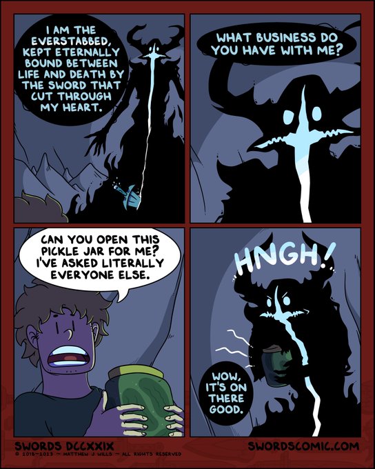 A comic page titled 'SWORDS DCCLXXIX' showing a dark horned figure with a glowing sword speaking about being 'eternally bound between life and death' and then struggling to open a pickle jar asked about by a purple-skinned character.