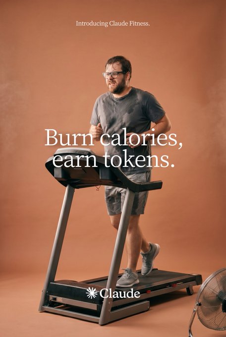 A man in glasses, gray t-shirt, and shorts runs on a treadmill against a terracotta backdrop, with a small fan visible to the right. The image features the text "Introducing Claude Fitness," "Burn calories, earn tokens," and the Claude logo, visually promoting the concept of earning tokens through physical exercise.