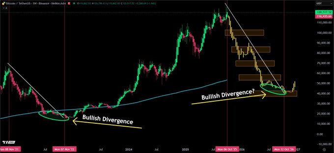 A Bitcoin weekly chart on Binance shows two instances of "Bullish Divergence" marked in green circles—one in late 2022 and another in late 2024—suggesting potential trend reversals from downtrends to uptrends. The post highlights how skilled chart readers can identify similar bullish reversal patterns, emphasizing the recurring nature of these technical signals in BTC price action.