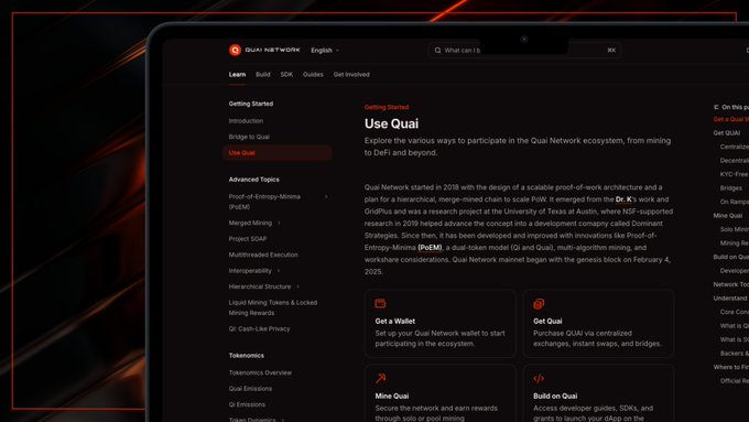 A dark-themed webpage displaying the "Use Quai" documentation hub on the Quai Network site, featuring a sidebar with categories like Getting Started and Advanced Topics, and four main action cards: "Get a Wallet," "Get Quai," "Mine Quai," and "Build on Quai." The layout directly reflects the post's wallet → $QUAI → Mine → Build journey outlined in the text.