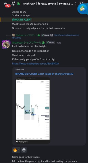 This is a screenshot of a Telegram chat where user "shahryar" shares a chart of BINANCE:BTCUSDT and discusses a trading plan. The chat indicates a high-risk strategy that could lead to either significant profits or losses, mirroring the user's post about "bear boys" and risking to "get clapped or I clap."