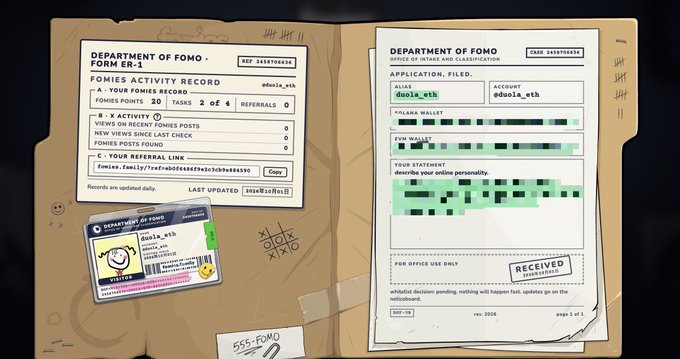 A digital artwork resembling an open file folder contains documents labeled 'DEPARTMENT OF FOMO, FOMIES ER-1', including a 'FOMIES ACTIVITY RECORD' with stats and an ID card for 'donta_eth', alongside an application form.