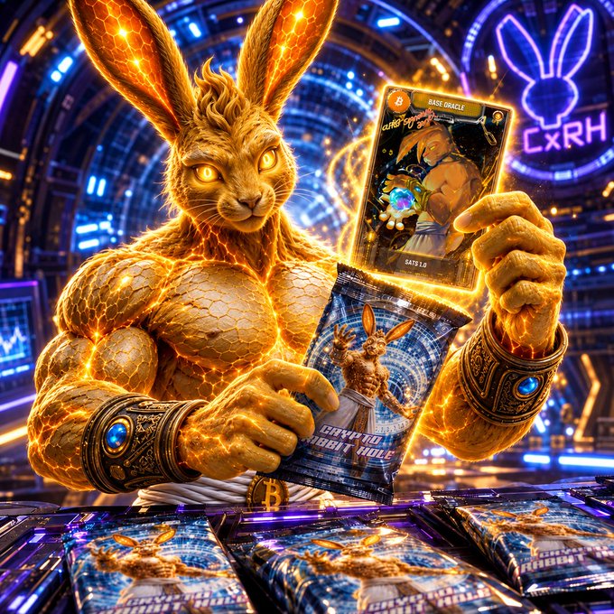 A muscular anthropomorphic rabbit with glowing orange fur holds a trading card labeled "BASE ORACLE" and a crypto Rabbit Hole card, with a neon bunny logo and "CXRH" text in the background.