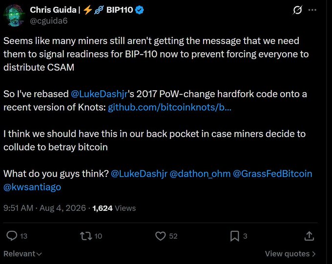 A tweet from Chris Guida (@cguida6) dated August 4, 2026, stating that miners need to signal readiness for BIP-110 now to prevent being forced to "distribute CSAM," and announcing he has rebased Luke Dashjr's 2017 PoW-change hardfork code onto a recent version of Knots (github.com/bitcoinknots). The post critiques BIP-110 as a "grift and a joke," with the image showing the originator of the BIP-110 push making inflammatory CSAM accusations against miners who don't comply.