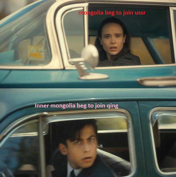 A meme using two car scenes with text 'mongolia beg to join ussr' and 'Inner mongolia beg to join qing' above the drivers.