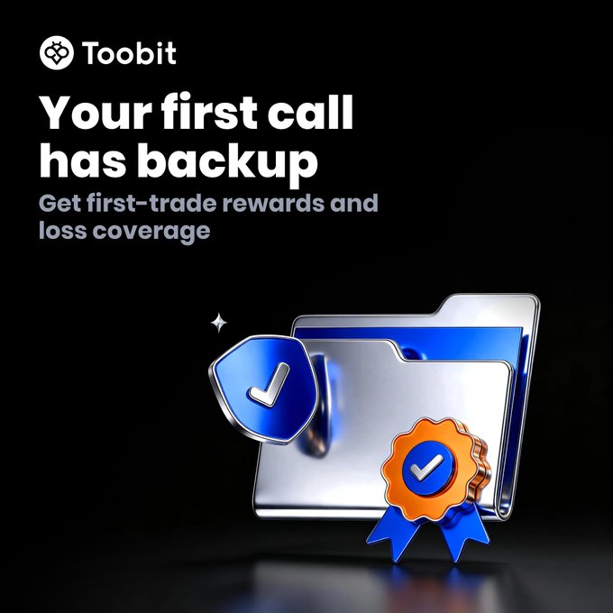 An advertisement for Toobit reading 'Your first call has backup - Get first-trade rewards and loss coverage', featuring a shield, folder, and badge.
