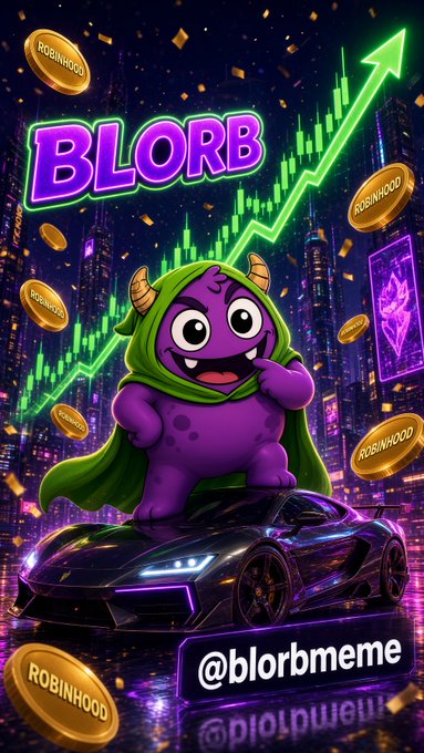 A vibrant digital illustration of a purple monster mascot wearing a green hooded cape, standing on a black sports car with neon green candlestick charts and 'ROBINHOOD' coins floating around it, with 'BLORB' text and '@blorbmeme' displayed.