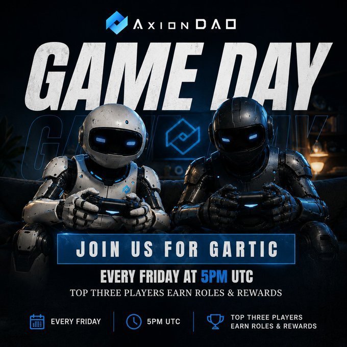 An event poster for "Axion DAO" features two robots holding game controllers, advertising "GAME DAY" with "JOIN US FOR GARTIC EVERY FRIDAY AT 5PM UTC" and details about rewards for top players.