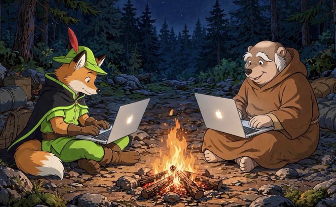 An illustration shows a fox dressed as Robin Hood and an old dog in monk robes sitting by a campfire in a forest, each working on a laptop computer.