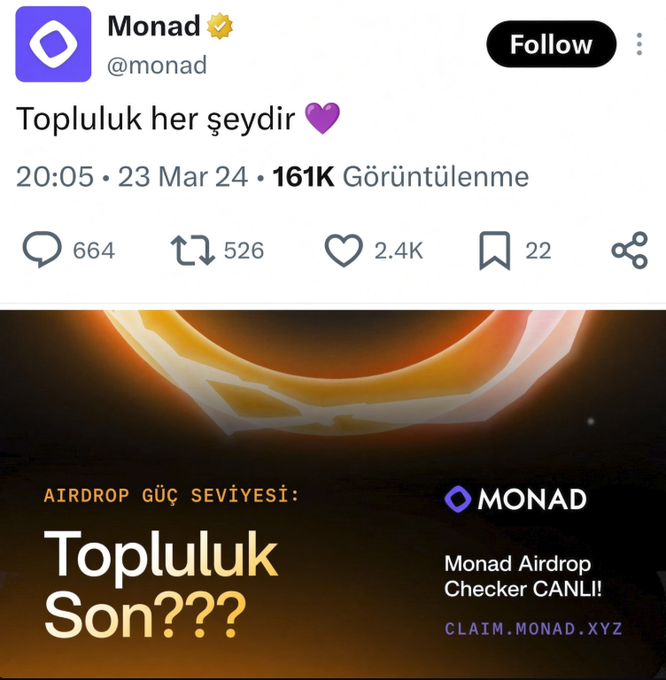 A screenshot of a tweet by @monad reads "Topluluk her şeydir 💜" with 161K views, paired with an image titled "Topluluk Son???" and "Monad Airdrop Checker CANLI!!" at CLAIM.MONAD.XYZ. The post highlights the irony of projects citing "community is our greatest strength" while failing to reward that community with airdrops, using Monad as a key example of the trend.